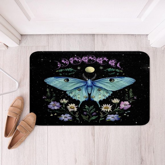 Feelyou Death Moth Bathroom Rugs 20"x32" Gothic Bath Rugs for Shower Tub Sun Moon Bath Mats for Bathroom Boho Moth Bathroom Accossories Botanical Floral Printed Doormats Floor Mat
