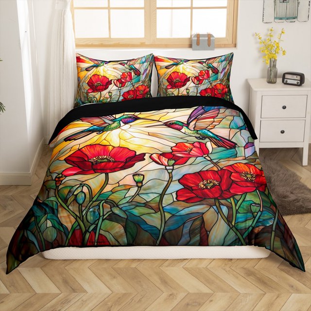 Hummingbird Duvet Cover Full Size,Rustic Garden Poppy Red Flowers Botanical Bedding Set 3 Pcs for Kids Teens,Artistic Stained Glass Style Patchwork Comforter Cover(No Filler)