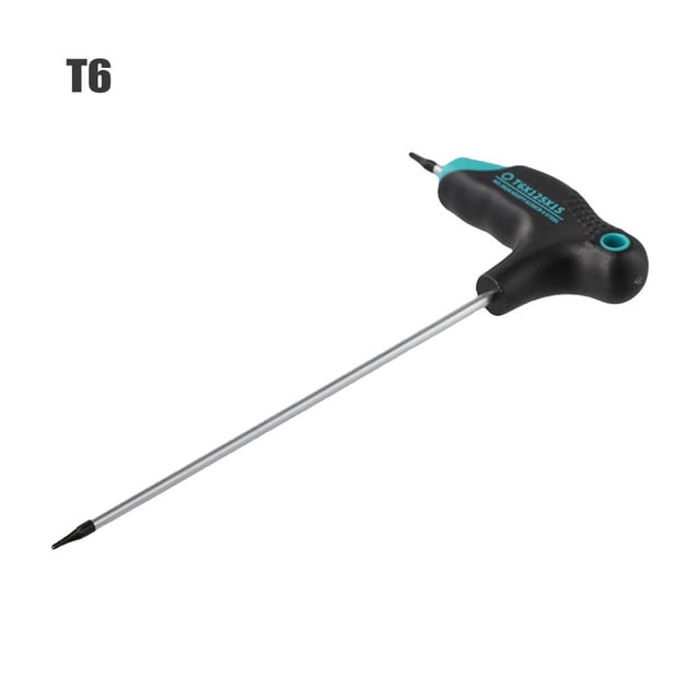 T-Handle Torx Wrench Repair Tool Torx Screwdriver Double Head T6-T45 With Hole. The tool features a black ergonomic anti-slip handle with a teal accent and a long silver double-ended shaft. Made from durable chromium vanadium steel, it is heat-treated for high hardness and wear resistance. The magnetic head ensures easy and efficient use, and the handle includes a hanging hole for convenient storage. Suitable for home appliance repair, mechanical repair, and line repair.
