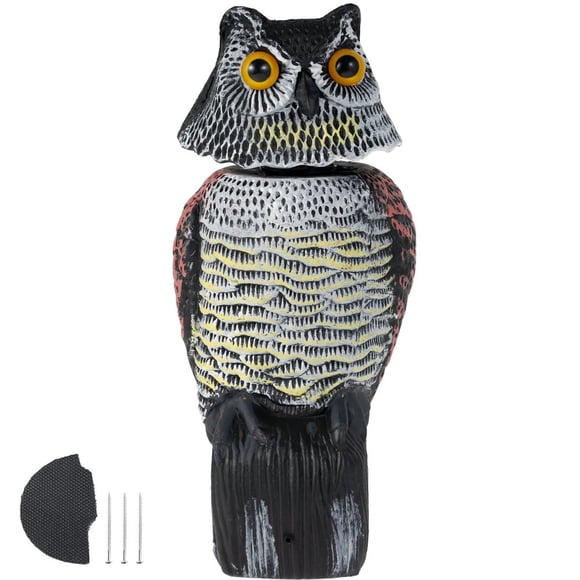 Owl Scarecrow with Rotating Head and Sound Large Fake Owl Decoy Statue Realistic Plastic Bird Scarer Outdoor Pest Control Battery Powered for Garden Home Yard