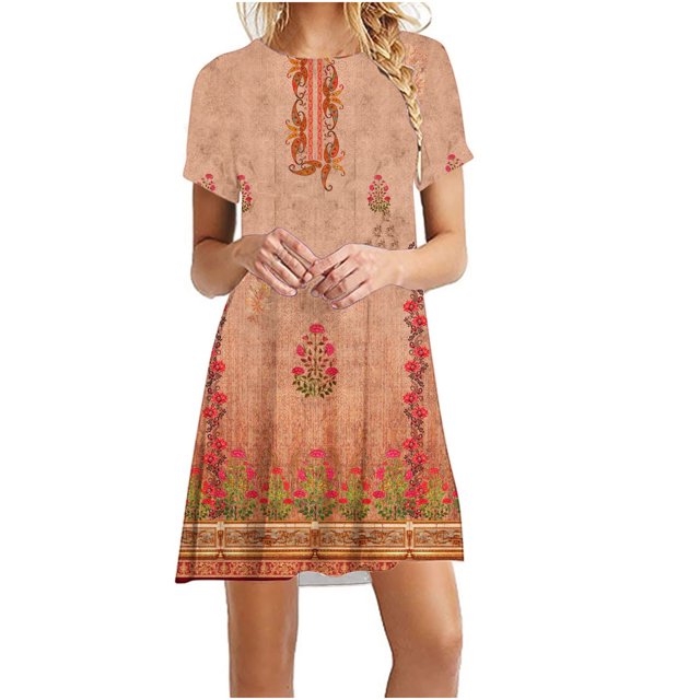 Cameland Robe d'Été pour Femme, Mode Bord de Mer, Décontractée, Imprimée, à Manches Courtes, à Col Rond