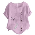 thumbnail image 1 of Birdeem Womens Short Sleeved Casual Plus Size Round Neck Feather Printed Loose Button Cotton Linen Top, 1 of 1