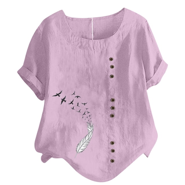Birdeem Womens Short Sleeved Casual Plus Size Round Neck Feather Printed Loose Button Cotton Linen Top