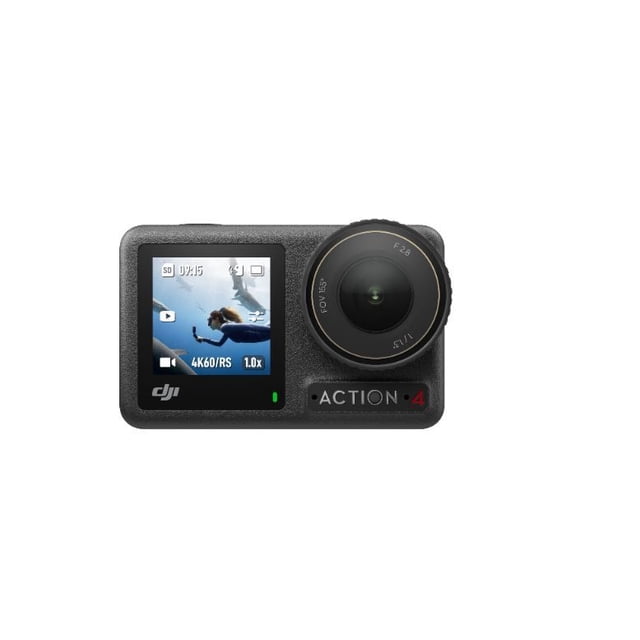 Osmo Action 4 Standard Combo sports camera with textured black body, front-facing full-color touchscreen showing skydiving video in 4K 60fps, large 155° ultra-wide f/2.8 lens, DJI logo below screen, ideal for waterproof and action filming.