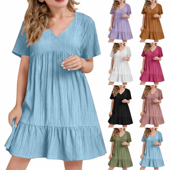 lcziwo Robes d'Été pour Filles 2025 à Manches Courtes Robe Mini Élégante d'Été Décontractée à Col en V Plissée Fluide Robes de Plage Rose Offres chez Walmart