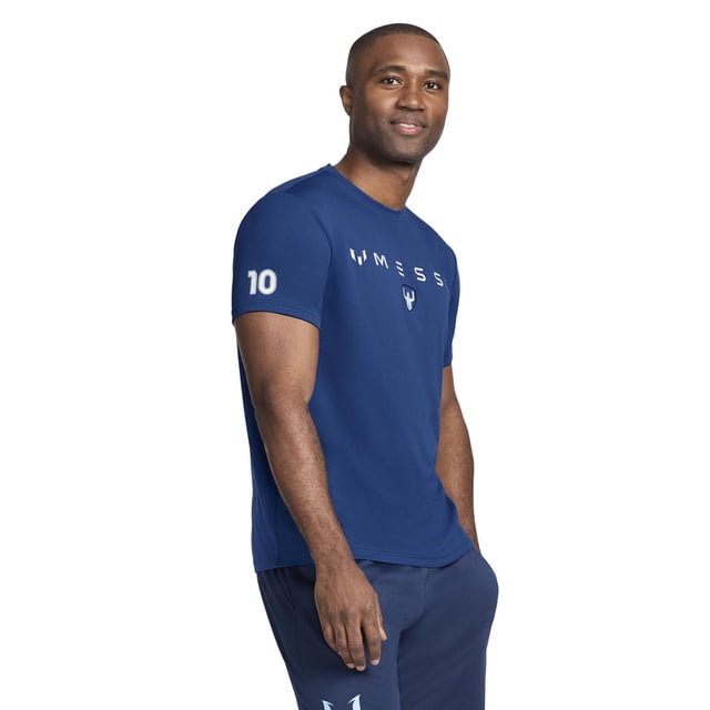 MESSI MEN'S MESH TEE in blue, worn by a male model in a 3/4 profile view. The lightweight, breathable polyester mesh t-shirt features white 'MESSI' text and logo on the chest and the number 10 on the right sleeve, ideal for game day or everyday wear.