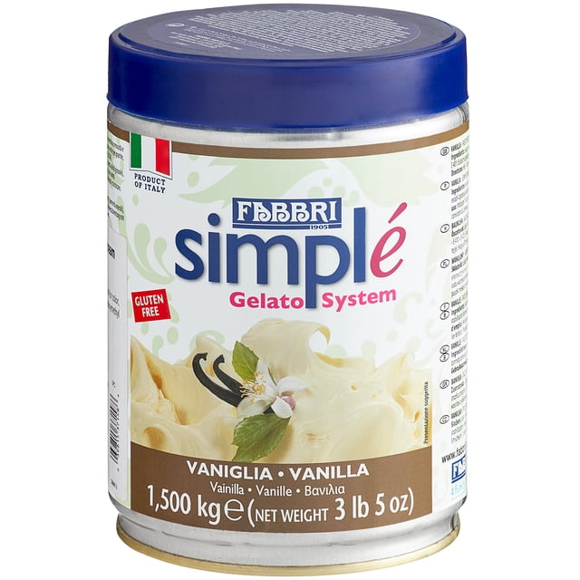 Fabbri 1.5 kg Vanilla Simple One-Step Soft Serve / Frozen Dessert Mix tin with a blue lid and Italian branding. The label features vanilla imagery and highlights its gluten-free status, ideal for making gelato, sorbet, smoothies, milkshakes, and soft serve ice cream.