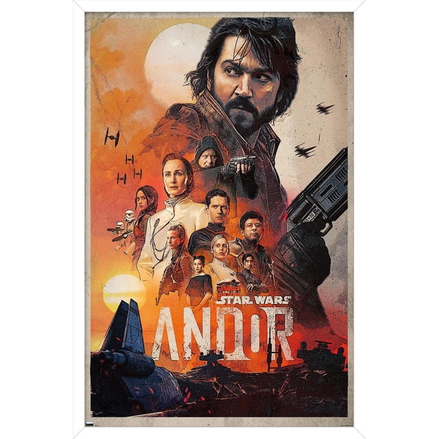 Star Wars : Andor - Affiche Murale sur une Feuille, 22,375 Pouces x 34 Pouces Mettant en Vedette un collage de Personnages de la Série avec un Arrière-Plan de Coucher de Soleil orange et un Grand Soleil. l'Affiche Comprend des Combattants TIE en Vol, un Personnage Tenant un Grand blaster à Droite, et des Véhicules Star Wars au Bas. le Titre « Star Wars Andor » Apparaît en Texte Blanc Vieilli Près du Bas, Idéal pour la Déco de la Maison et l'Art Mural.