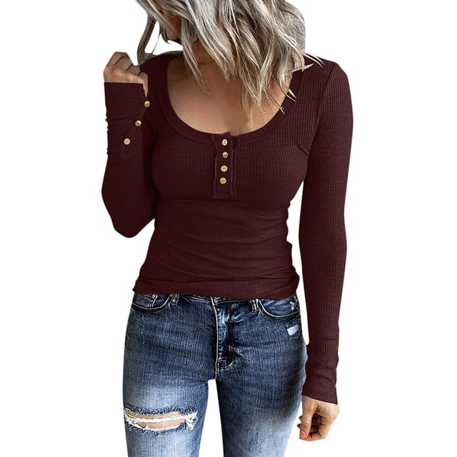 2025 Women Long Sleeve Womens Long Sleeve Compression Shirt T Shirts Button Down Women Long Sleeve Slim Fit Tops Neck Shirt for Women Fashion Ribbed Knit Shirts