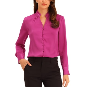 INSPIRE CHIC Women's Ruffled Stand Collar Long Sleeve Button Office Satin Shirt XS Fuchsia
