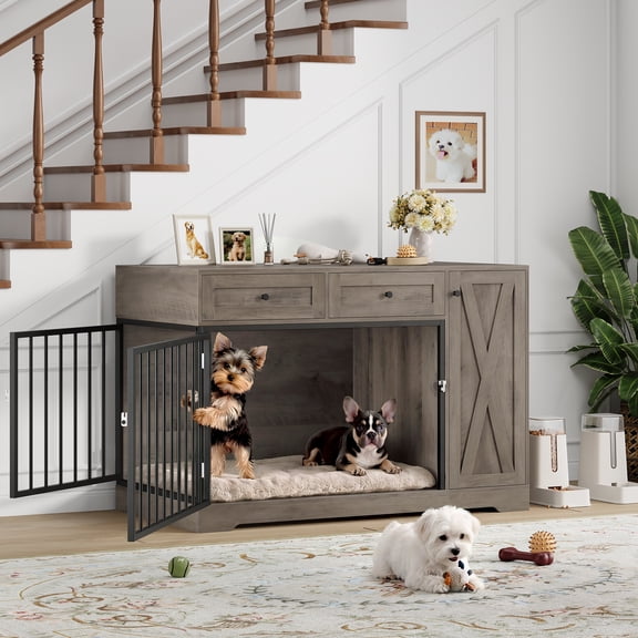 Homfa Dog Crate with Storage Cabinet and 2 Drawers, Indoor Furniture Style Wooden Large Dog Kennel, Wash Grey