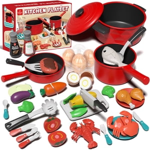Jouer à la nourriture 34 Pcs, Ensemble de cuisine pour enfants, Jouets de cuisine, Accessoires de cuisine de jeux de prétention, Coupe de la nourriture pour jouets avec des casseroles, pot et ustensiles, Éducation préscolaire Jouets pour tout-petits, Cadeaux pour les filles Garçons