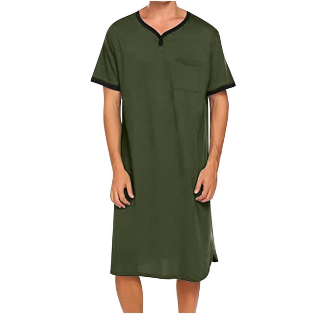 Chemise de Nuit Texturée en Coton pour Hommes, Robe de Nuit à Manches Courtes, Longue Robe, Blouse à Col en V, Haut de Pyjama, Coupe Ample et Décontractée, Confort, Chemise de Nuit Décontractée avec Poches