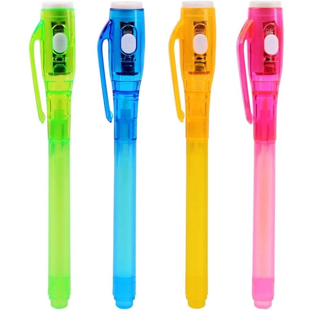 Lot de 4 Stylos à Encre Invisibles avec Lumière UV, Dotés de Stylos Magiques Réutilisables en Couleurs Assorties : Rose, Jaune, Vert et Bleu. Chaque Stylo Comprend une Lumière UV Intégrée sur le Capuchon pour Révéler des messages Secrets. Idéal pour les Activités d'Espion, les Cadeaux de Fête et les Événements Scolaires. Piles Incluses et Préinstallées.