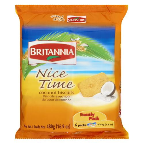 Britannia Nice Time Paquet Familial 480 g biscuits à la Noix de Coco dans un Emballage Doré-Jaune et Bleu Comprenant Deux biscuits Rectangulaires Surmontés de Cristaux de Sucre avec une Noix de Coco Concassée et une Feuille de Palmier, Offrant une texture Nette et une Saveur de Noix de Coco Tropicale, Convenant au Partage à l'Heure du Thé Ou Lors de Rassemblements.