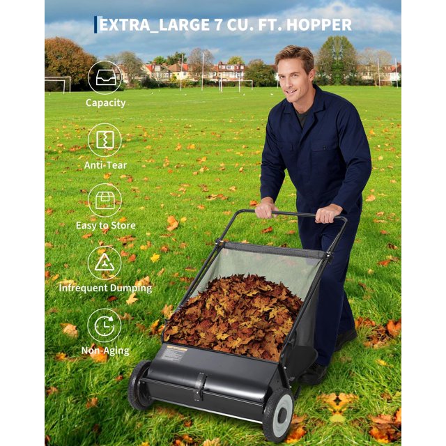 Edtara Heavy Duty Push Lawn Sweeper, Efficient Yard Cleanup Tool With Adjustable Height, Large Capacity Bag, 4-Spinning Brush System, Sturdy Steel Frame for Garden, Lawn and Grass