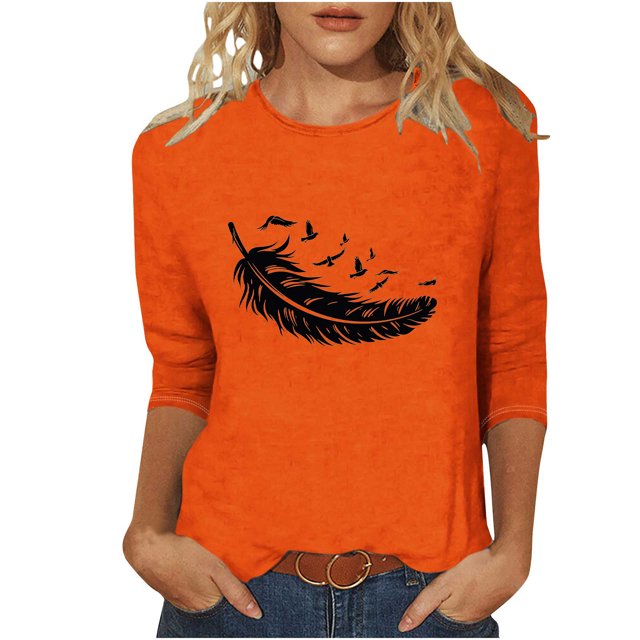 Dadaria Hauts Femme Chemise Orange Manches 3/4 T-Shirt Col Rond Été Chandail Blouses 2TG