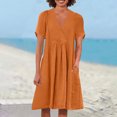 thumbnail image 2 of Swstbby Liquidation d'Économies d'Été! Robe d'Été pour Femmes, Robe Décontractée Ample Mode Rétro en Coton et Lin à Manches Courtes, Col en V, Plissée, Orange P, 2 of 5