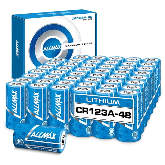 Allmax CR123A Piles au Lithium à Puissance Maximale (48 Unités) – les Plus Durables, Étanches, Durée de Conservation de 10 Ans, Performance Ultime, Parfaites pour les Systèmes de Sécurité Sans Fil (3 V)