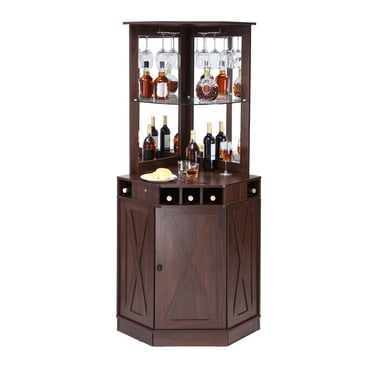 VEVOR Armoire de Bar Industrielle d'Angle, Table à Vin pour Alcool et Verres, Buffet Bahut avec Porte-Verre, Armoire de Bar à Café Autoportante en Bois Style Ferme pour Salon, Bar à Domicile, Noyer Noir