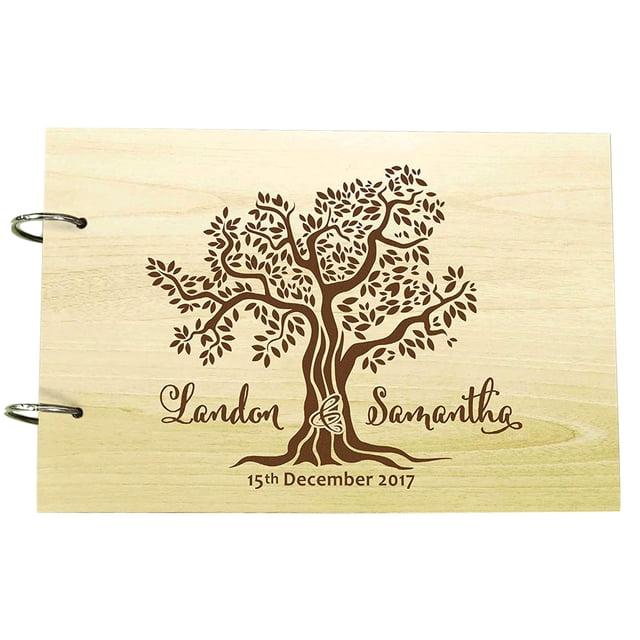 Custom Rustic Wedding Guest Book Wood Engraved Tree Design Bride & Groom Advice Book