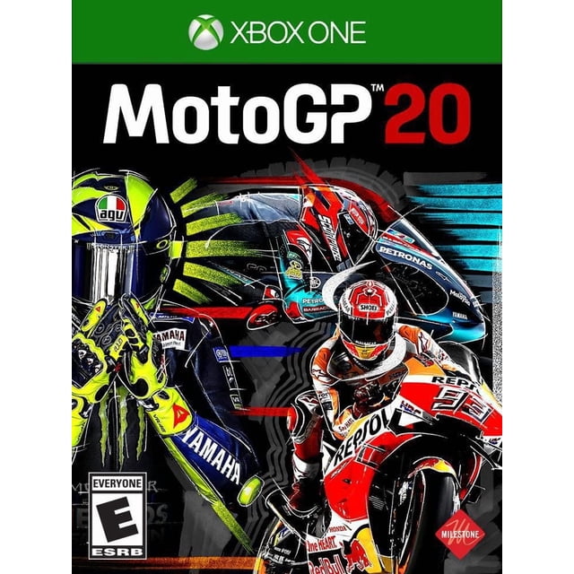 MotoGP 20 Couverture de Jeu Xbox One avec illustrations Stylisées de Trois Pilotes MotoGP en Yamaha et Repsol Honda Combinaisons de Course et Casques, Stries Colorées Dynamiques, logos Officiels, Cote ESPRB pour Tous, et Marque d'Étapes, Mettant l'Accent sur le Jeu de Course de Moto et la Gestion d'Équipe.