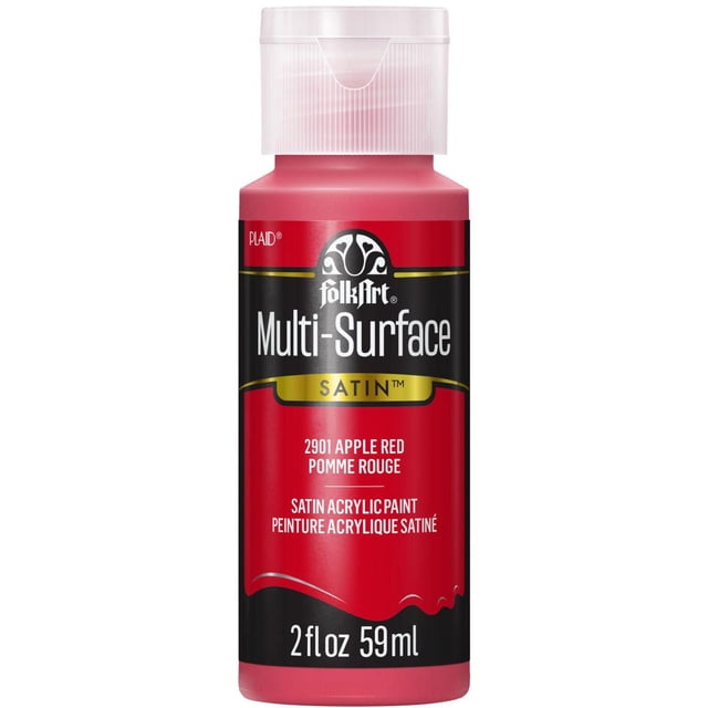 FolkArt Multi-Surface Satin Acrylic Paint 2 fl. oz. bottle in Apple Red with a clear flip-top cap, featuring a creamy satin finish acrylic formula ideal for crafts on wood, canvas, glass, fabric, and ceramics.