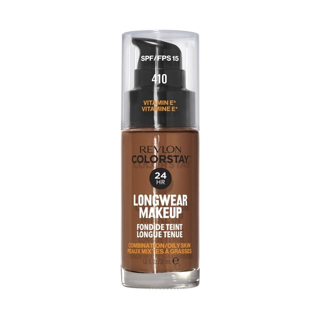 Revlon Colorstay™ Longwear Makeup Combo/Oily, 30mL pump bottle in shade 410 with SPF 15 and Vitamin E, designed for combination and oily skin to provide 24-hour wear, oil control, and a matte finish.