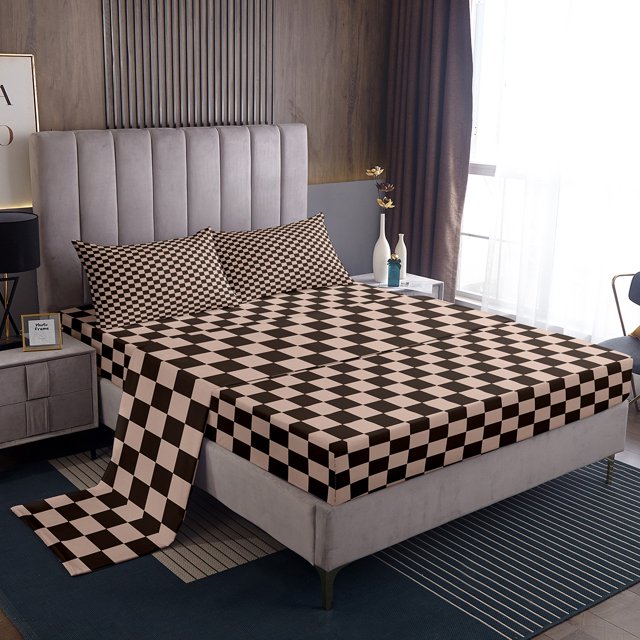 Erosebridal Checkered Gingham Bed Sheets Set Queen Size, Colorful Bed Sheets Queen, Rectangle Geometry Decor, 4-Piece