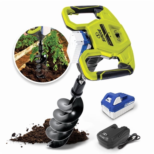 Snow Joe 8" Ice Fishing Auger with 8.0 Ah 24V Battery shown in a 3/4 view with yellow and black ergonomic handles, black spiral auger bit, and attached white and blue lithium-ion battery. Includes separate battery and black charger. Inset shows auger drilling soil near plants, suitable for ice fishing hole drilling and frozen terrain.