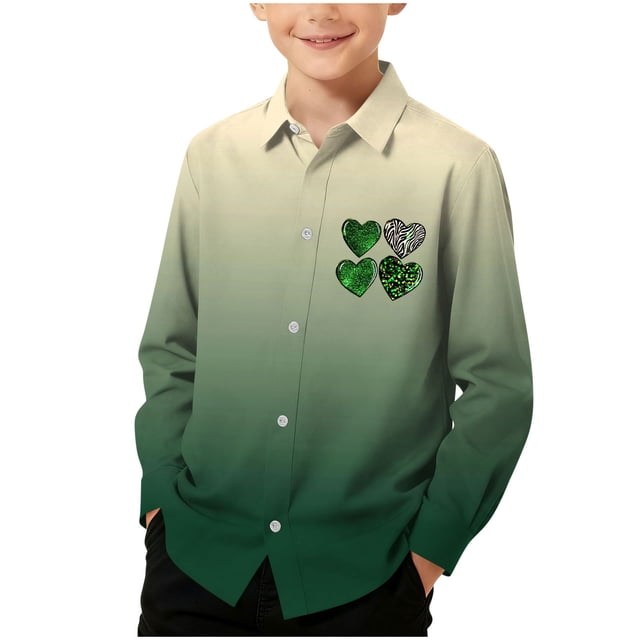 RXMEKW Chemise à Manches Longues Imprimée de la Saint-Patrick pour Garçons avec Col Rabattu, 95 % Coton 5 % Élasthanne, Vert