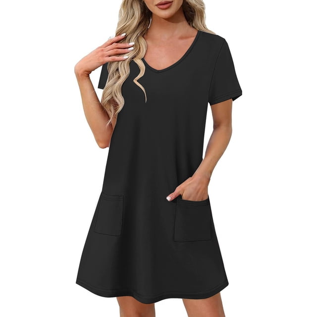 Liquidation d'Été 2025! Robe Grande Taille pour Femmes, Liquidation de Robe d'Été pour Femmes, Mode Féminine d'Été Couleur Unie Manches Courtes Col en V Robe Décontractée