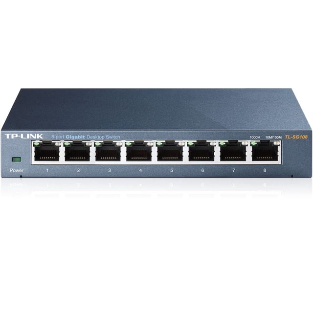 TP-LINK 8-Port 10/100/1000 Mbps Desktop Switch front-facing compact metal gigabit switch with eight RJ45 ports and LED status indicators, external power adapter included, energy-efficient technology and plug-and-play setup; often used as a simple test switch in home labs.