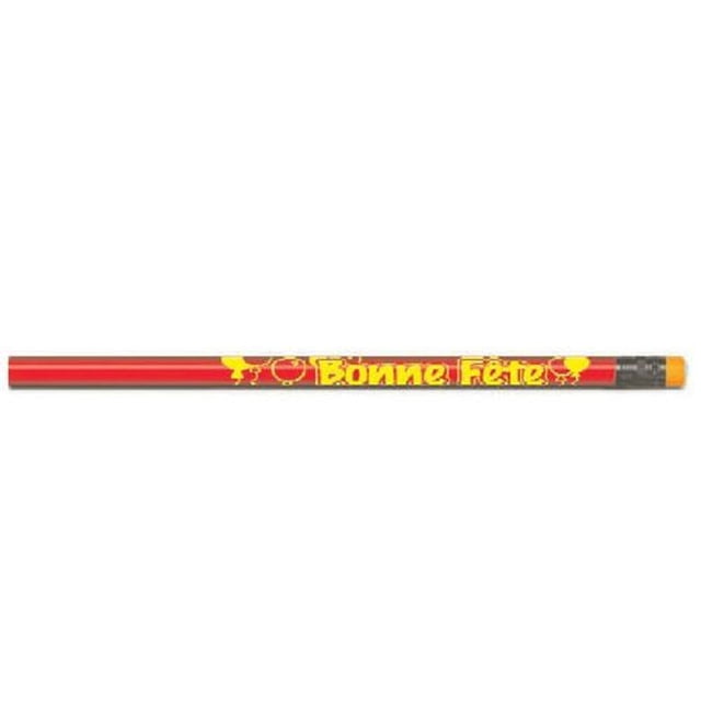 Poster Pals Crayons « Bonne Fête » Français Montrant un Seul Crayon en Bois avec une Finition Rouge, du Texte « Bonne Fête » Jaune et des Icônes d'Anniversaire, une Gomme orange et une ferrule Argentée, Idéal pour les Fournitures Scolaires, les Prix Ou les Récompenses d'Anniversaire.