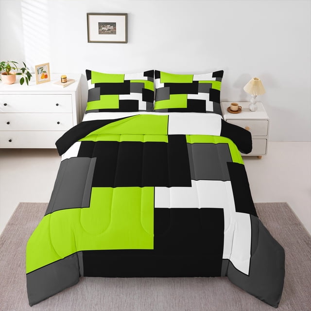 Erosebridal Modern Abstract Bedding Full Comforter Set, Square Geometric Bedding Sets Full with Comforter, Green Yellow Reversible Down Comforter, Ultra Soft Bedroom Decorative, 3pcs