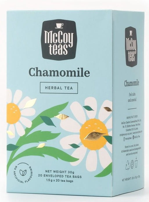 McCoy Teas Chamomile Herbal Tea Premium Ceylon Tea from Sri Lanka, 20 Individually Wrapped Double Chamber Tea Bags