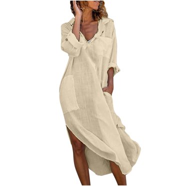 Cameland Robes d'Été des Fêtes pour Femmes Décontractées Robe T-Shirt pour Femmes à Col à Revers Boutonnée Ample à Manches Longues Coupe Droite