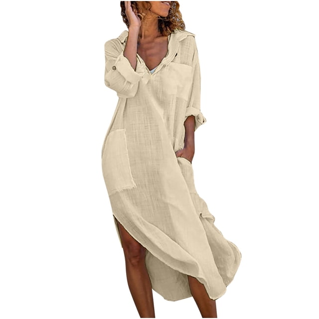 CEHVOM Robe Femme Mode Unie à Manches Longues avec Poches, Col Rabattu, Soldes