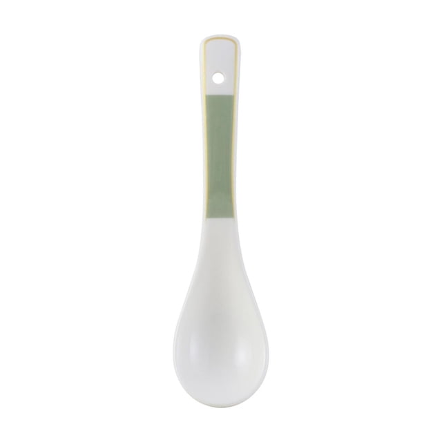 Cuillère en Céramique Vienna avec Corps en Porcelaine Blanche et accent Rectangulaire Vert sur le Manche avec Trou de Suspension, Idéale pour les Repas Quotidiens et l'Utilisation en Cuisine dans les Ensembles de Couverts et d'Ustensiles.