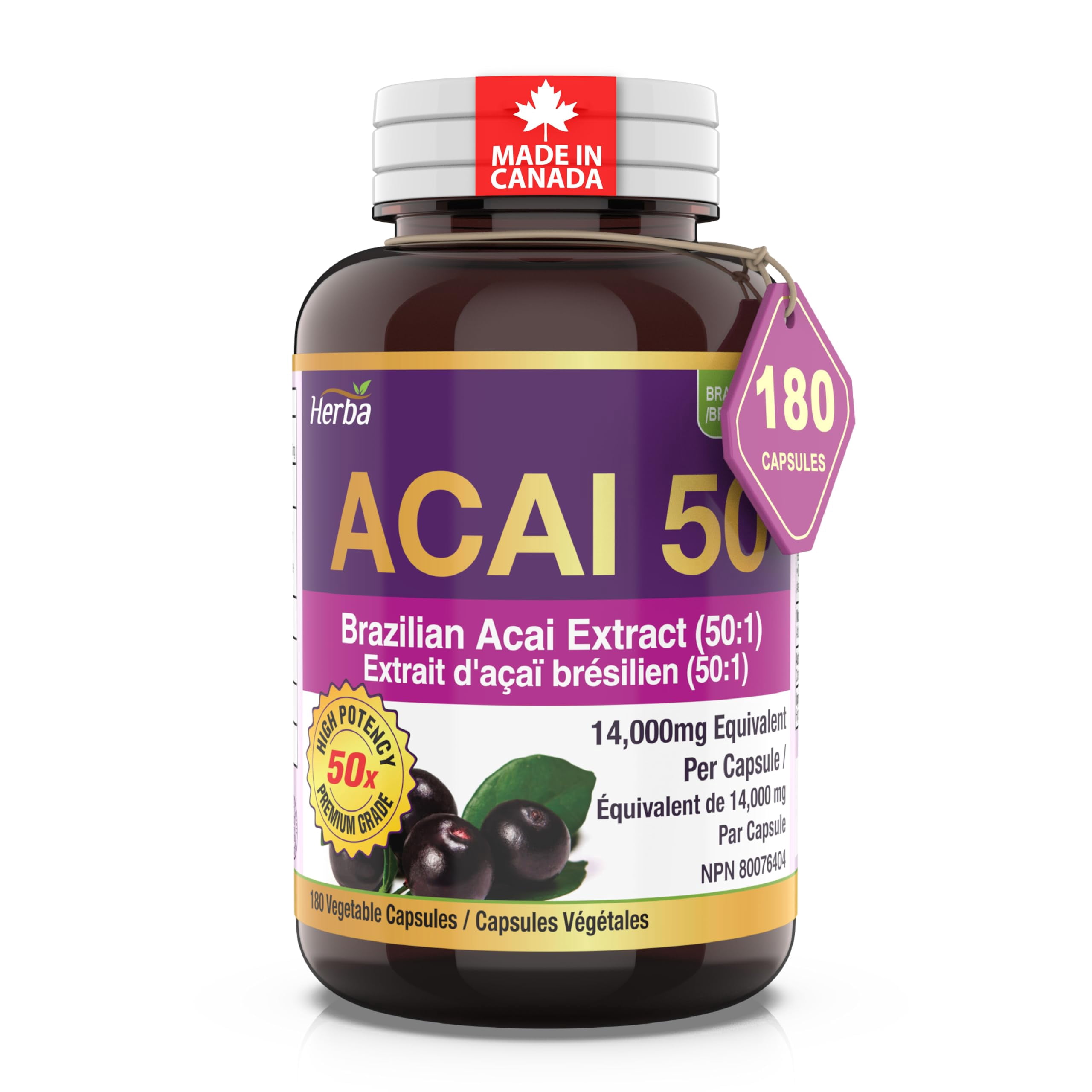 Herba Acai Berry Capsules – 180 Vegetable Capsules | 14,000mg Equivalent - 50:1 Extract | Made in Canada
