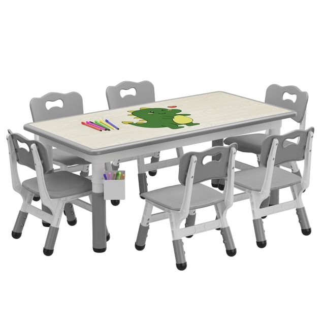 Cherish Height Adjustable Kids Table and 6 Chairs Set - Graffiti Desktop, Easy-to-Clean Arts & Crafts Table with Non-Slip Legs, Detachable Storage Box for Daycare, Classroom, and Home
