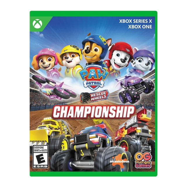 PAW Patrol Rescue Wheels: Championship Xbox game cover featuring animated Pup Racers Chase, Marshall, and Roxi in helmets above the title, with monster trucks racing on a dirt track inside a stadium, compatible with Xbox Series X and Xbox One.