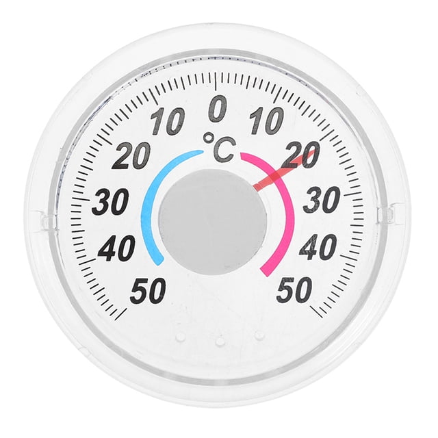 Shisuyan indoor temperature measuring tool featuring a round, transparent plastic design with a simple pointer-style dial. The thermometer displays temperature in Celsius, ranging from -50°C to 50°C, with blue and pink markings for easy readability. Compact and versatile, it is suitable for mounting on doors, windows, or walls, making it ideal for monitoring indoor and outdoor temperatures.