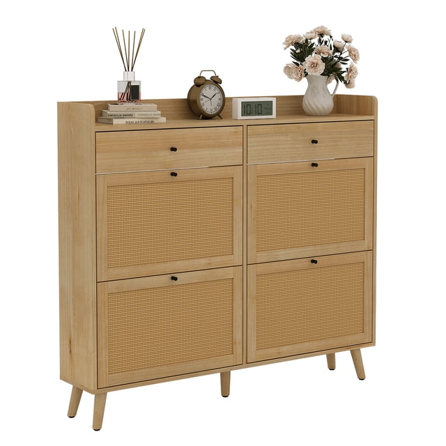 Garvee Rattan Shoe Cabinet with 4 Flip Drawers & 2 Top Drawers, Narrow Entryway Storage Organizer, Farmhouse Style