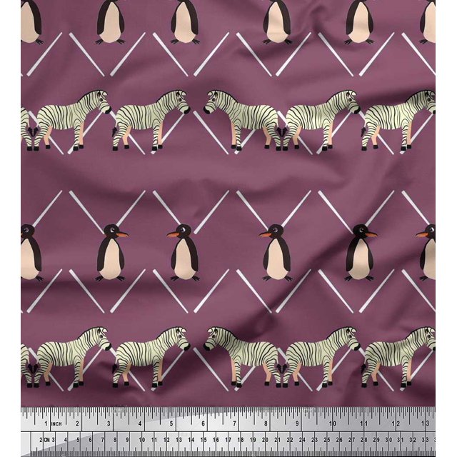Soimoi Purple Polyester Crepe Fabric Penguin & Stripe Animal Decor Fabric Printed BTY 42 Inch Wide