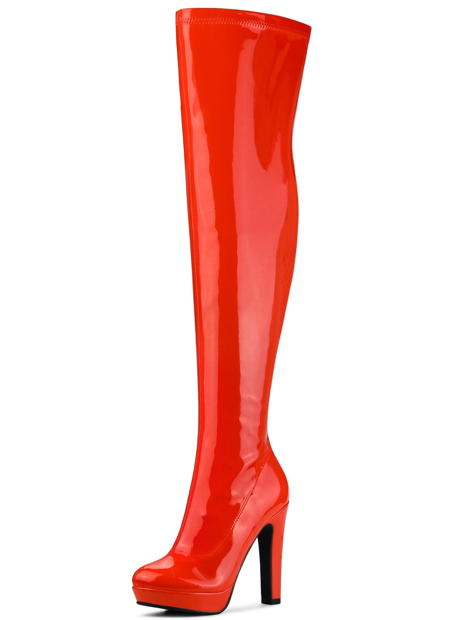 Unique Bargains Women's Patent Leather Platform Chunky Over Knee High Boots