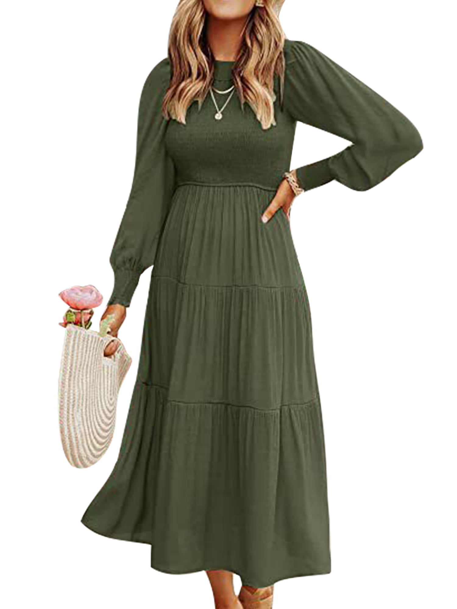 LUXUR Robes Maxi à Manches Longues pour Femmes, Décontractées, de Soirée, Ligne A, Vert m