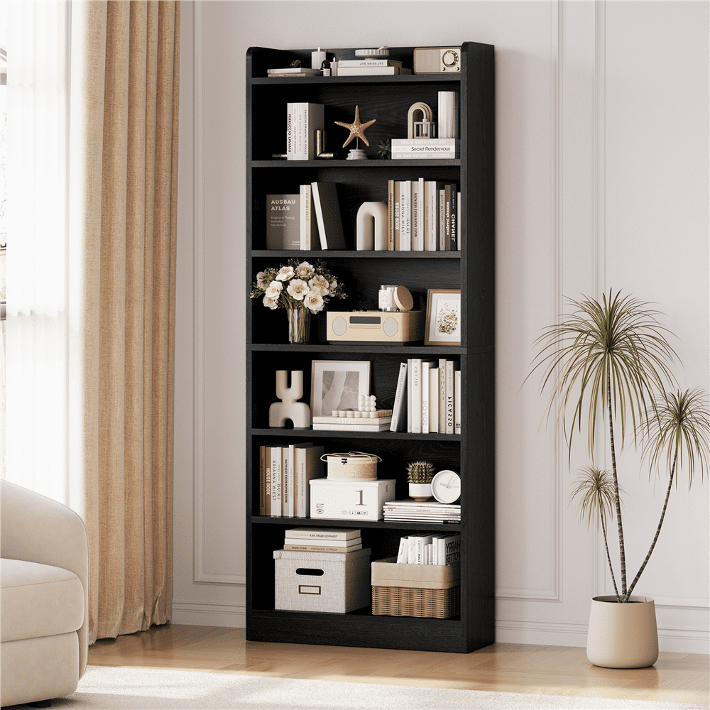FullFurnique 7-layer Simple Tall Bookshelf with Top Open Compartment, Black