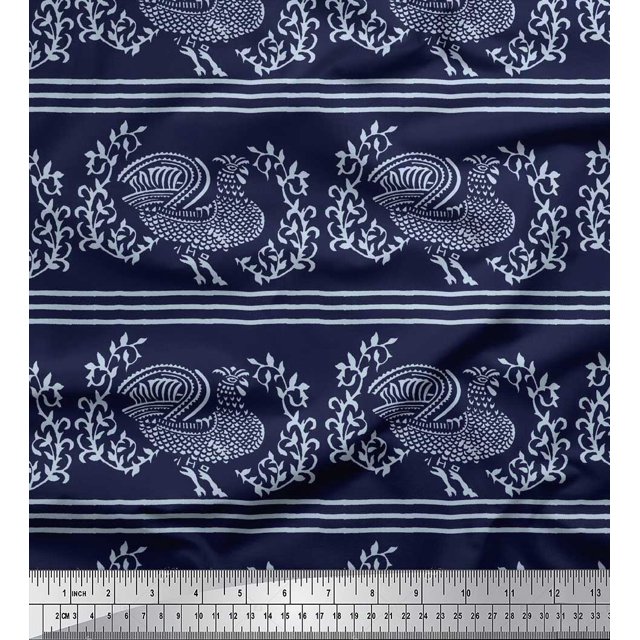 Soimoi Rayon Fabric Stripe,Leaves & Hen Block Print Sewing Fabric Yard 42 Inch Wide