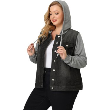 Agnes Orinda Vestes pour Femmes Grande Taille Manteaux Superposés Chandail à Capuchon à Cordon Vestes en Jean Denim 5X Noir